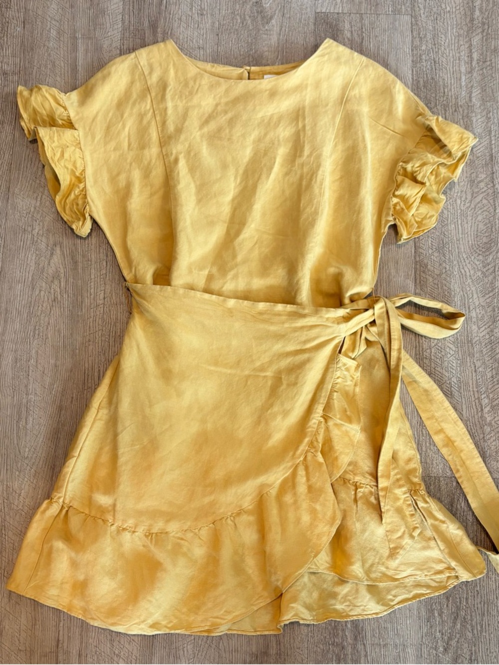 Astr The Label Ruffle Linen Blend Wrap Dress Sz Small Yellow Gold Sun Boho